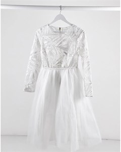 Белое платье миди из тюля с длинными рукавами и кружевным верхом London Rare