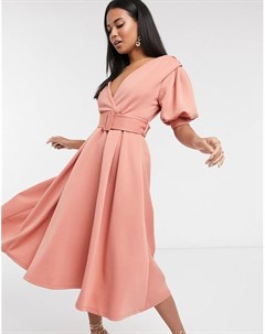 Розовое платье для выпускного миди с поясом Asos design
