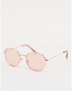 Солнцезащитные очки в круглой золотистой оправе с розовыми стеклами Asos design