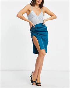 Синяя атласная юбка миди с разрезом спереди от комплекта Naanaa