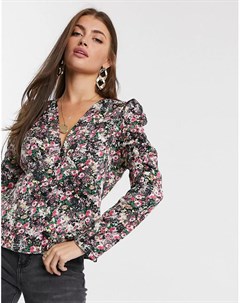 Черная блузка с пышными рукавами и цветочным узором Vero moda