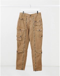 Саржевые брюки карго с карманами бежевого цвета Jaded london