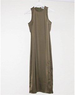 Атласное платье миди цвета хаки с горловиной борцовкой и разрезом Unique21