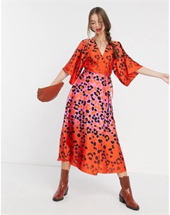 Платье кимоно с запахом оранжево розовым градиентом и леопардовым принтом Liquorish