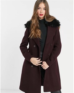 Двубортное пальто бордового цвета с воротником из искусственного меха Morgan