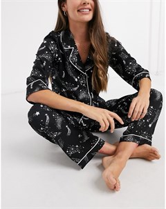 Черный пижамный комплект с рубашкой и прямыми брюками из 100 модала с принтом звездного неба Asos design