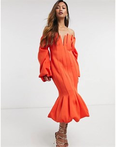 Оранжевое структурированное платье мидакси с открытыми плечами и декоративными швами Premium Asos design