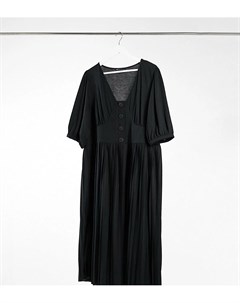 Черное плиссированное платье миди с короткими рукавами и декоративными пуговицами ASOS DESIGN Curve Asos curve
