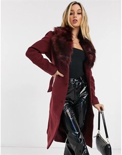 Бордовое пальто с воротником из искусственного меха Ivyrevel