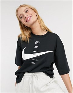 Черная футболка бойфренда с принтом логотипов галочек Nike