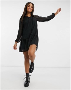 Черное шифоновое свободное платье мини с оборками на воротнике New look