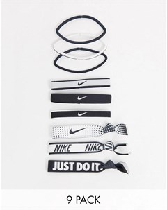 Набор из 9 резинок для волос в черно белой гамме с принтом логотипа Nike