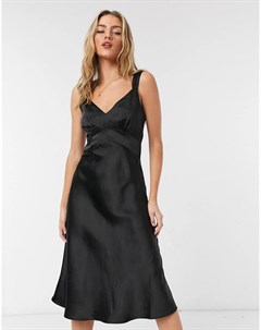 Черное атласное платье комбинация миди French connection