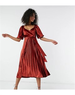 Плиссированное бархатное платье миди рыжего цвета с запахом и пышными рукавами ASOS DESIGN Tall Asos tall