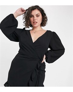 Черное платье мини с запахом и объемными рукавами ASOS DESIGN Curve Asos curve