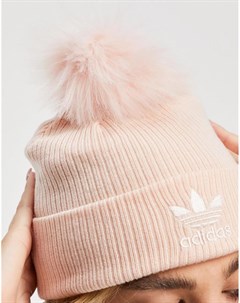 Розовая шапка бини с помпоном из искусственного меха и логотипом Adidas originals