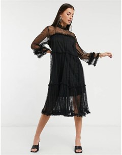 Свободное полупрозрачное платье черного цвета с высоким воротником и оборками Y.a.s
