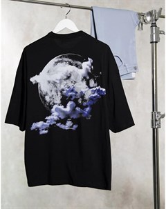 Черная oversized футболка с рисунком с луной и облаками на спине Asos design