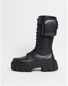 Черные высокие ботинки из искусственной кожи на массивной подошве со шнуровкой и карманами Asos design