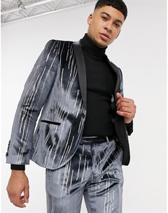 Бархатный костюмный пиджак с атласными лацканами черного цвета с серебристыми полосами Twisted tailor