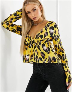 Рубашка с глубоким вырезом длинными рукавами и желтым леопардовым принтом I saw it first