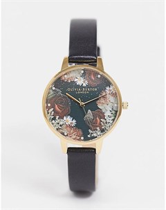 Часы с черным кожаным ремешком и циферблатом с изображением цветов OB16WG74 Winter Olivia burton