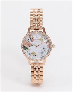 Золотистые наручные часы OB16BF34 Sparkle с цветочным принтом и металлическим браслетом Olivia burton