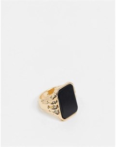 Золотистое кольцо печатка с черным камнем квадратной формы Chained & able