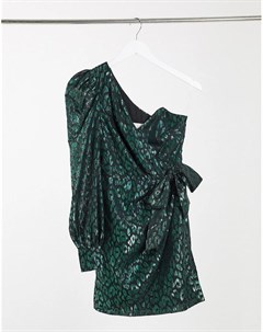 Платье мини на одно плечо из органзы изумрудно зеленого цвета с леопардовым принтом и бантом на тали Collective the label