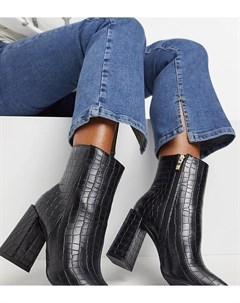 Черные ботинки с квадратным мыском и крокодиловым рисунком Glamorous wide fit