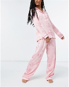 Розовая атласная пижама с отложным воротником и принтом знаков зодиака premium Chelsea peers