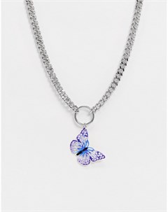 Серебристое ожерелье с подвеской бабочкой фиолетового цвета Asos design