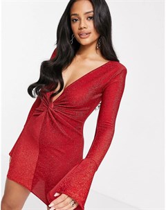 Красное облегающее платье мини с блестками глубоким вырезом с драпировкой в виде узла и расклешенным Fashionkilla