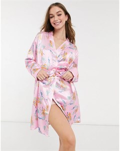 Атласная пижама кимоно с розовым цветочным принтом Outrageous fortune