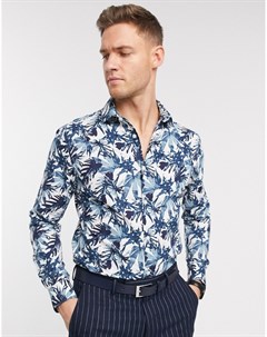 Темно синяя приталенная рубашка с пальмовым принтом Moss London Moss bros
