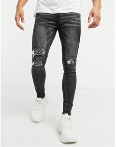 Серые зауженные джинсы из пейсли с рваной отделкой и тканевыми вставками на коленях Good for nothing