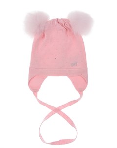 Розовая шапка с меховыми помпонами и отделкой стразами детская Monnalisa