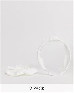 Набор из 2 предметов белая повязка на голову и резинка для волос с вышивкой ришелье New look