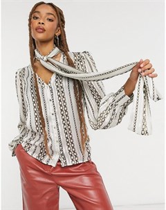 Кремовая блузка с принтом в виде цепочек и завязками на горловине Morgan