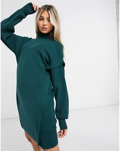 Темно зеленое вязаное платье джемпер с высоким воротником Noisy may