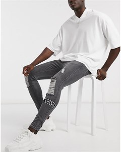 Черные выбеленные зауженные джинсы с рваными коленями и логотипом Siksilk