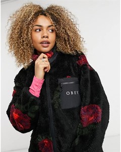 Флисовая куртка oversized с цветочным узором и логотипом на кармане Obey