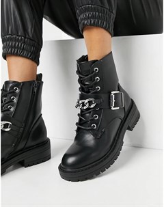 Черные байкерские ботинки на шнуровке с цепью New look