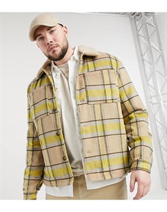 Куртка рубашка со стеганой подкладкой в желто бежевую клетку из ткани с добавлением шерсти Plus Asos design