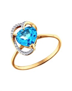 Золотое кольцо с сердцевидным голубым топазом и фианитами Sokolov