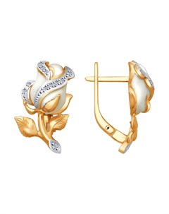 Золотые серьги Белые розы с бриллиантами Sokolov diamonds