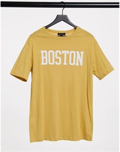 Свободная университетская футболка горчичного цвета с надписью Boston New look