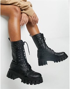 Черные ботинки из искусственной кожи с эффектом крокодиловой кожи на массивной подошве Fontaine Koi footwear