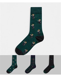 Подарочный набор из 3 пар носков со сплошным рисунком медвежонка зеленого цвета Polo ralph lauren