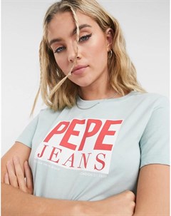 Голубая футболка с фирменным квадратным логотипом красного цвета Elodie Pepe jeans
